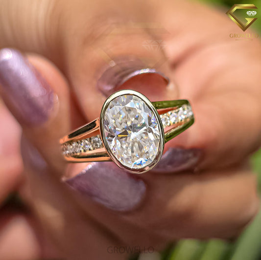 3ct Oval Bezel Engagement Ring, Split Shank, Pave Band, Solid Gold, Lab-Grown Diamond or Moissanite