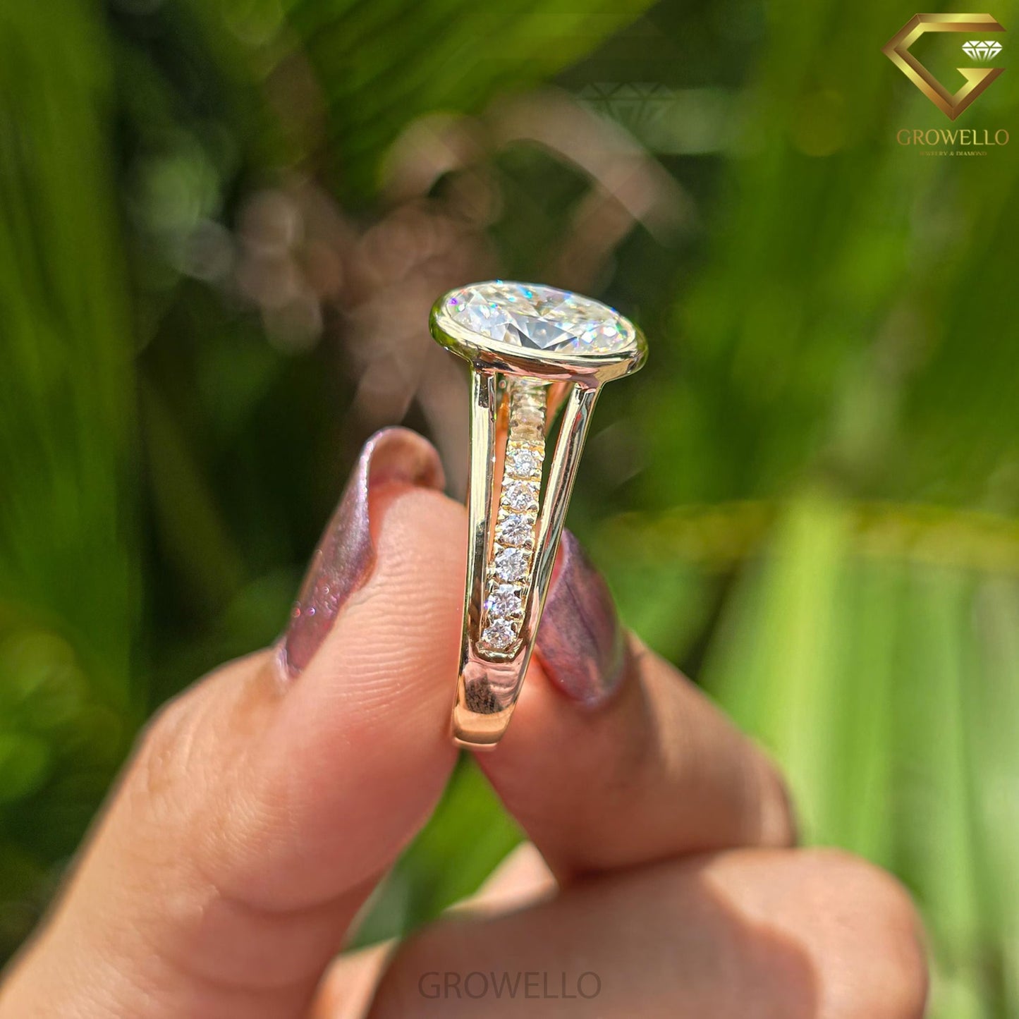 3ct Oval Bezel Engagement Ring, Split Shank, Pave Band, Solid Gold, Lab-Grown Diamond or Moissanite