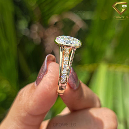 3ct Oval Bezel Engagement Ring, Split Shank, Pave Band, Solid Gold, Lab-Grown Diamond or Moissanite