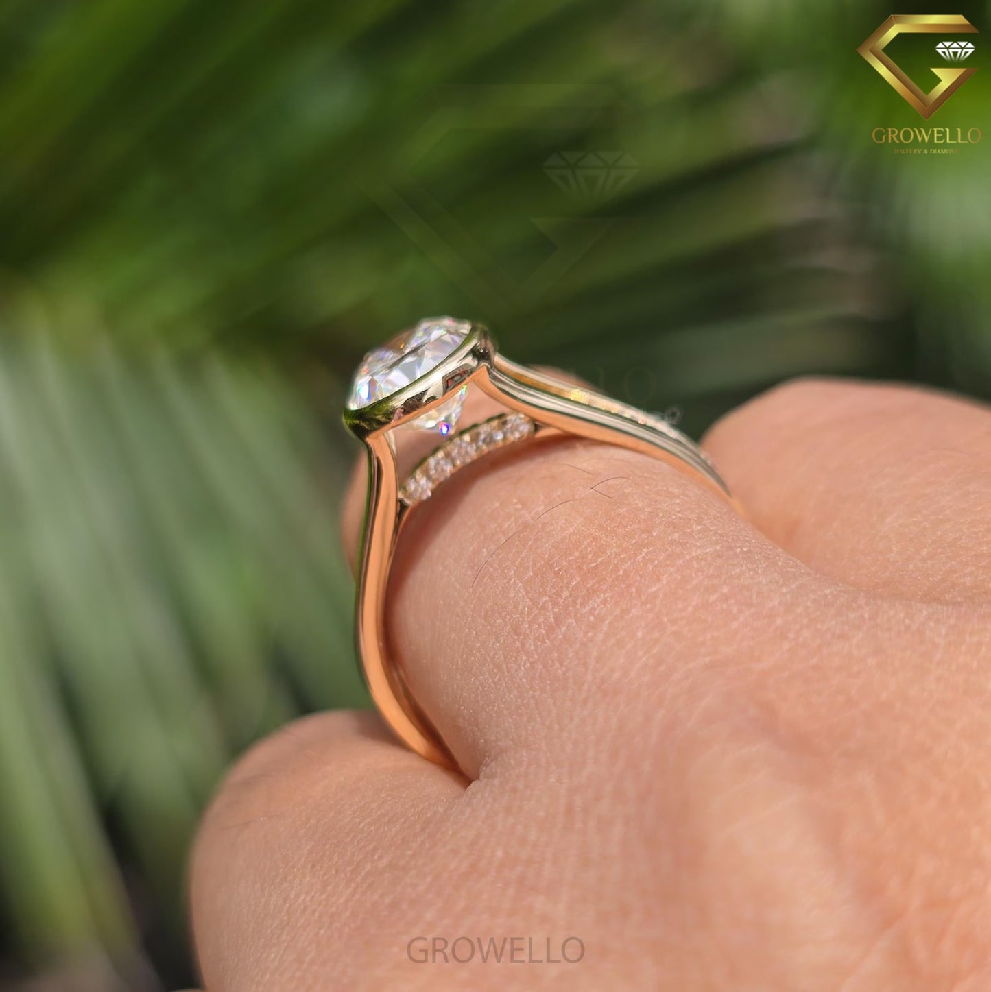 3ct Oval Bezel Engagement Ring, Split Shank, Pave Band, Solid Gold, Lab-Grown Diamond or Moissanite