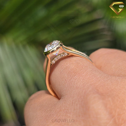 3ct Oval Bezel Engagement Ring, Split Shank, Pave Band, Solid Gold, Lab-Grown Diamond or Moissanite