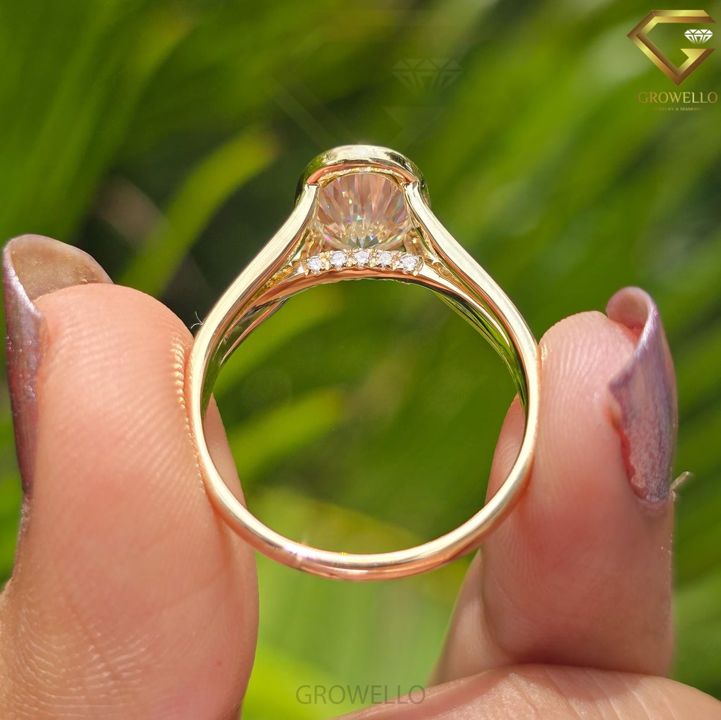 3ct Oval Bezel Engagement Ring, Split Shank, Pave Band, Solid Gold, Lab-Grown Diamond or Moissanite