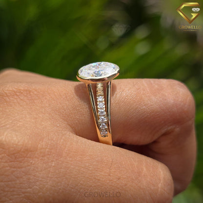3ct Oval Bezel Engagement Ring, Split Shank, Pave Band, Solid Gold, Lab-Grown Diamond or Moissanite