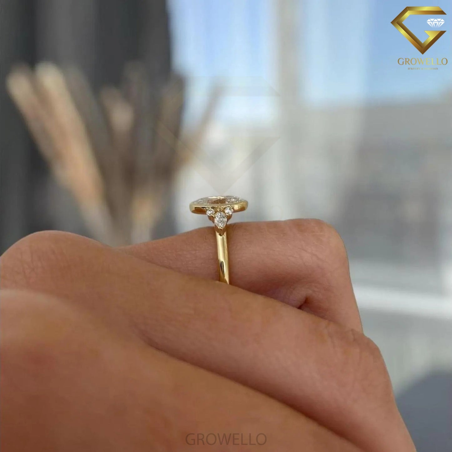 3CT oval bezel engagement ring with marquise & round side stones, solid gold, lab-grown diamond or moissanite