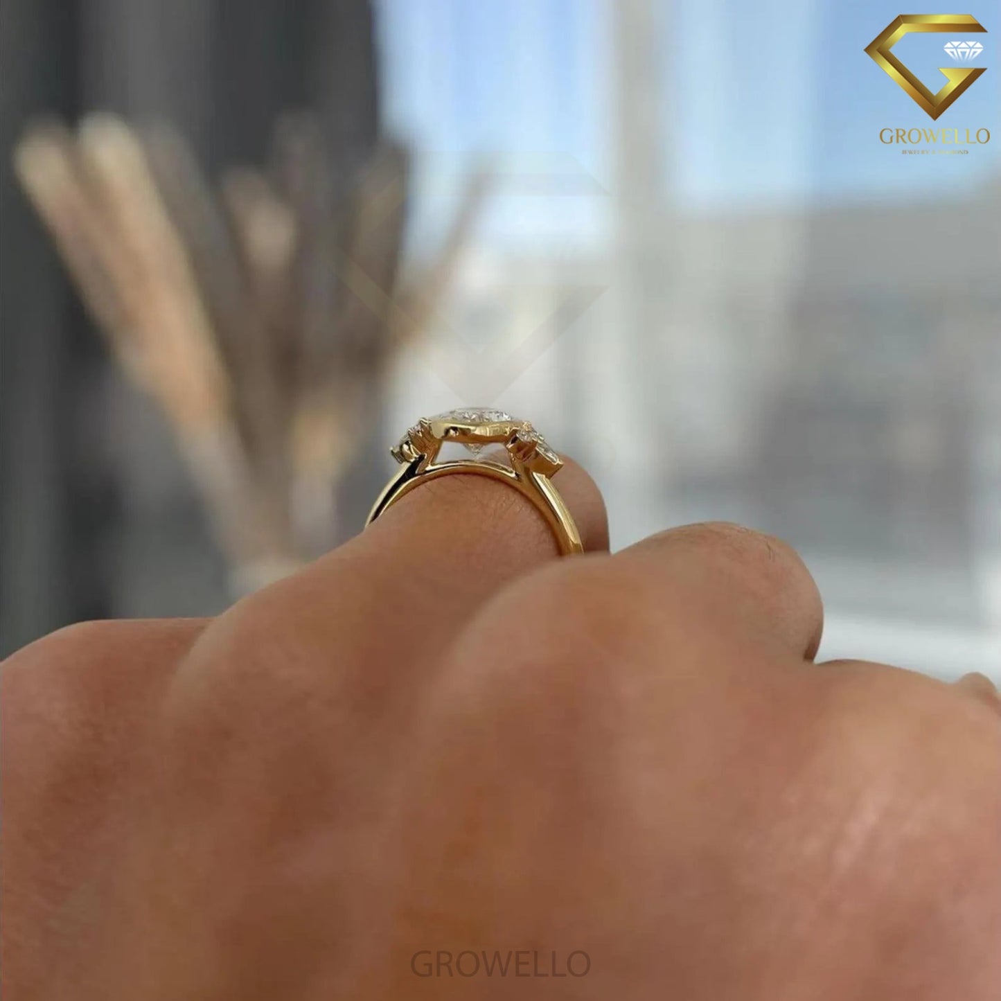 3CT oval bezel engagement ring with marquise & round side stones, solid gold, lab-grown diamond or moissanite