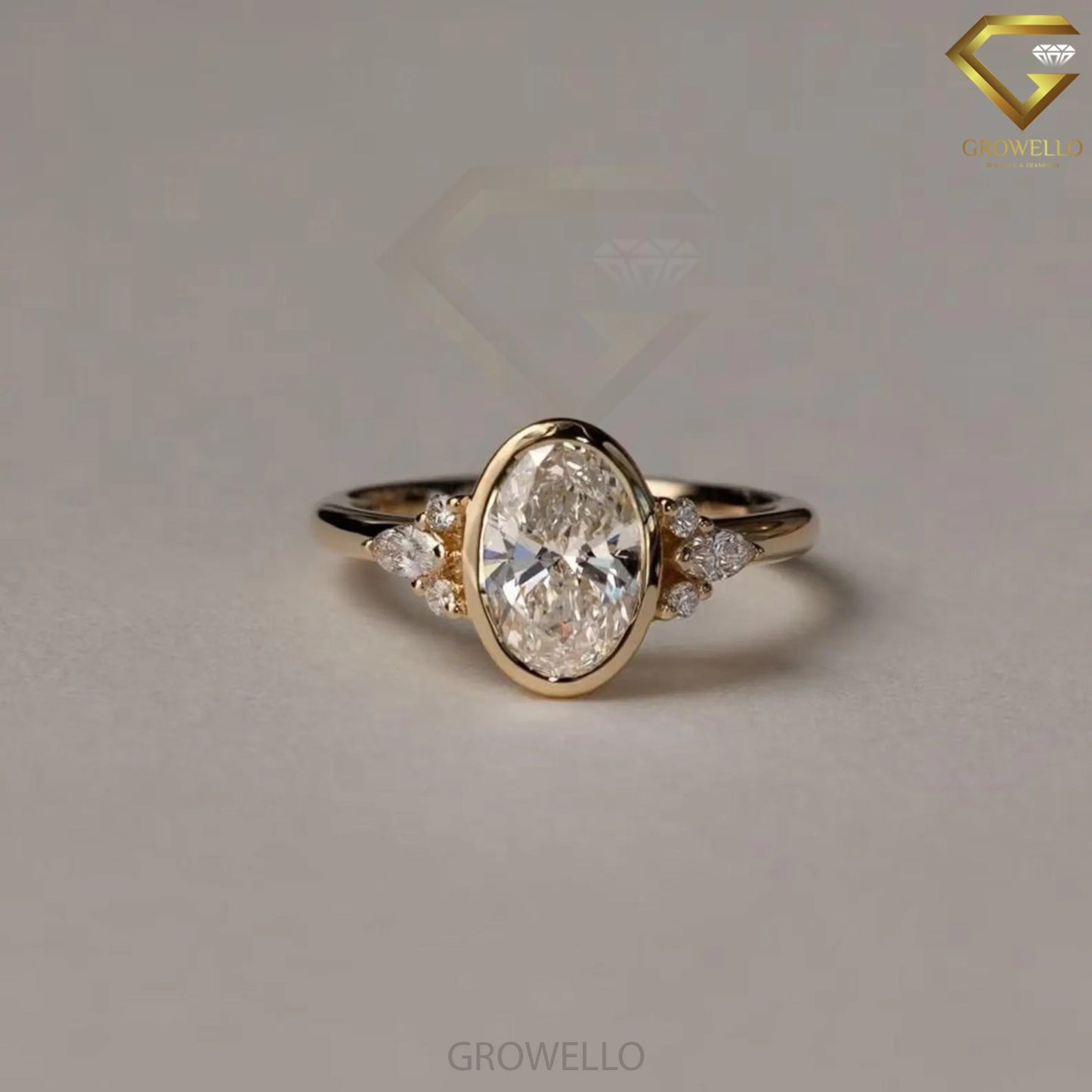3CT oval bezel engagement ring with marquise & round side stones, solid gold, lab-grown diamond or moissanite