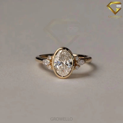 3CT oval bezel engagement ring with marquise & round side stones, solid gold, lab-grown diamond or moissanite
