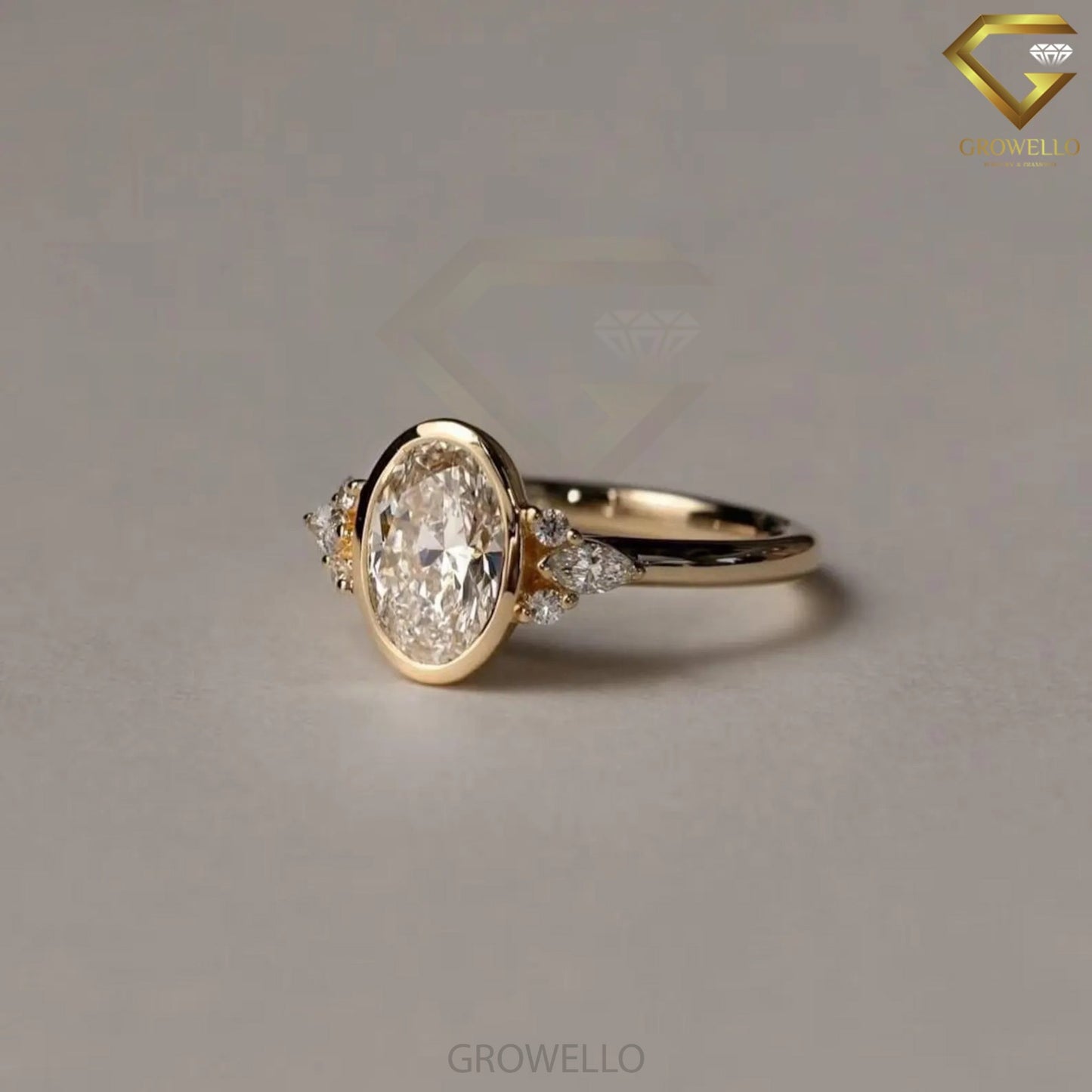 3CT oval bezel engagement ring with marquise & round side stones, solid gold, lab-grown diamond or moissanite