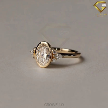 3CT oval bezel engagement ring with marquise & round side stones, solid gold, lab-grown diamond or moissanite