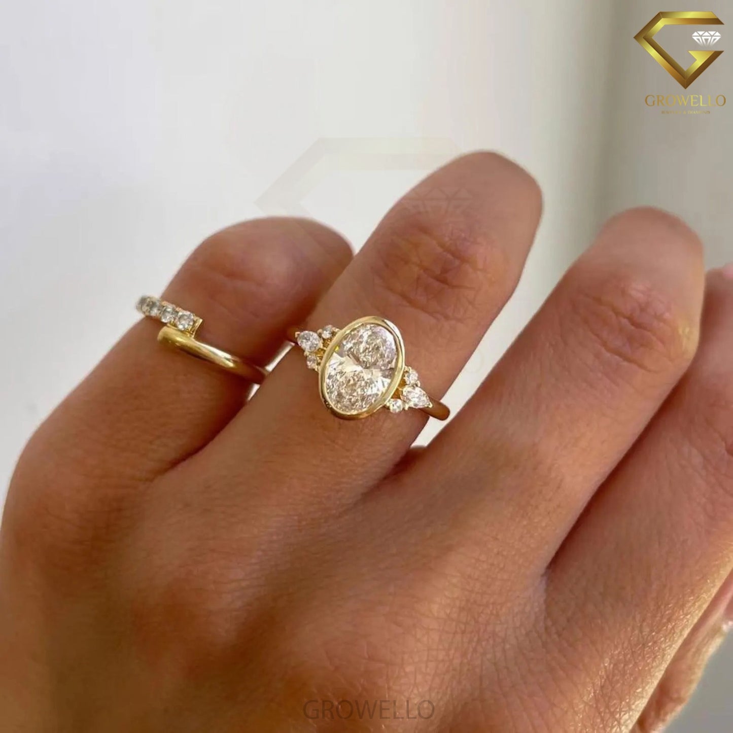 3CT oval bezel engagement ring with marquise & round side stones, solid gold, lab-grown diamond or moissanite