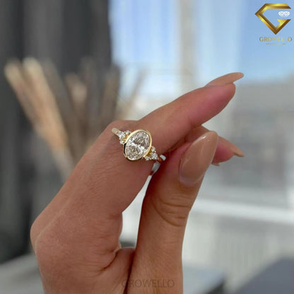 3CT oval bezel engagement ring with marquise & round side stones, solid gold, lab-grown diamond or moissanite