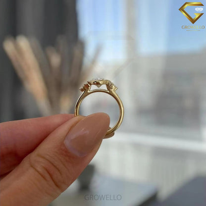 3CT oval bezel engagement ring with marquise & round side stones, solid gold, lab-grown diamond or moissanite