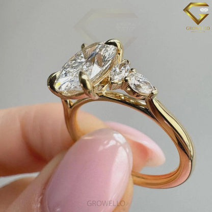 3CT oval engagement ring, marquise side stones, solid gold, lab-grown diamond or moissanite