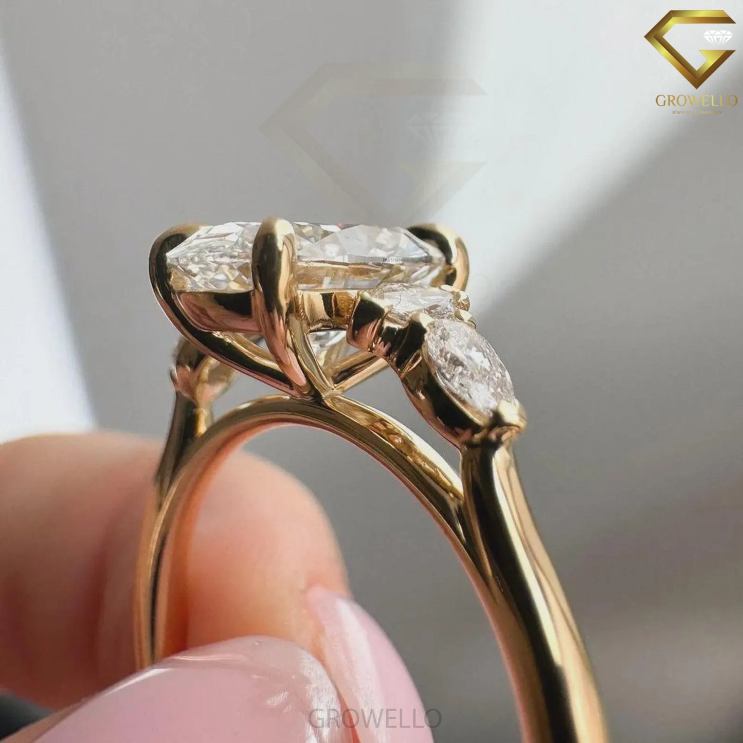 3CT oval engagement ring, marquise side stones, solid gold, lab-grown diamond or moissanite