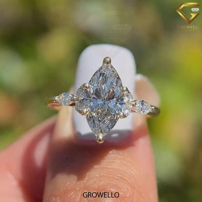 3CT marquise engagement ring with side stones, solid gold, lab-grown diamond or moissanite