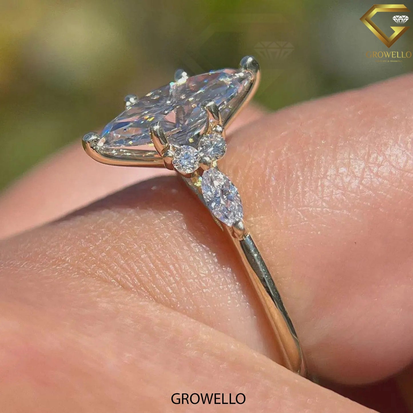 3CT marquise engagement ring with side stones, solid gold, lab-grown diamond or moissanite