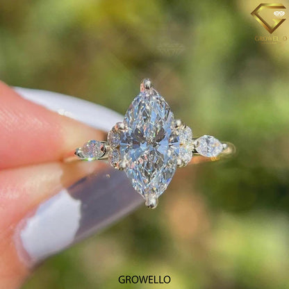 3CT marquise engagement ring with side stones, solid gold, lab-grown diamond or moissanite