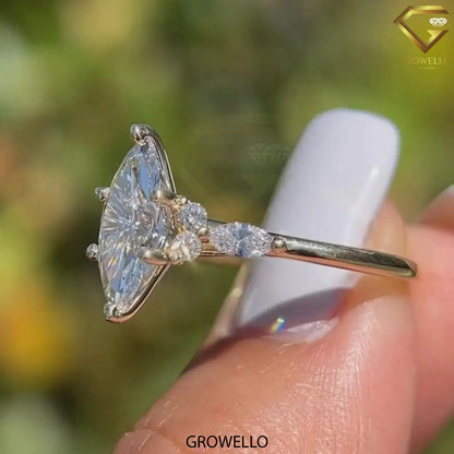3CT marquise engagement ring with side stones, solid gold, lab-grown diamond or moissanite