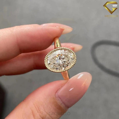 3CT oval bezel Set engagement ring, solid gold, lab-grown diamond or moissanite
