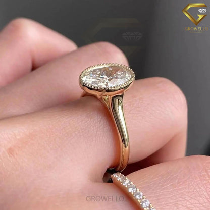 3CT oval bezel Set engagement ring, solid gold, lab-grown diamond or moissanite
