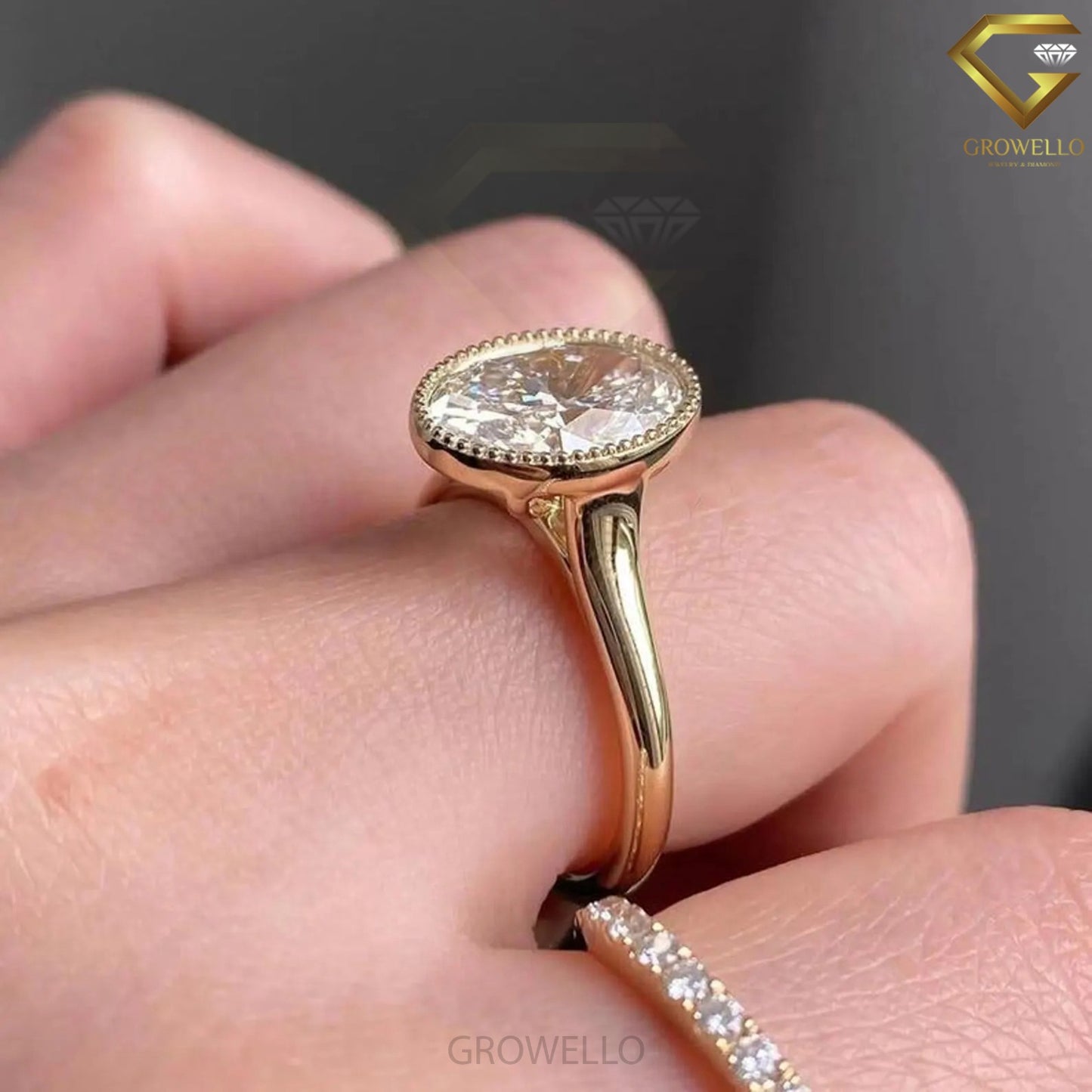 3CT oval bezel Set engagement ring, solid gold, lab-grown diamond or moissanite