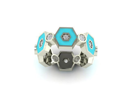 Mary’s Custom Hexagon Turquoise Enamel Diamond Band Ring, Lab Grown Diamonds, White Gold.