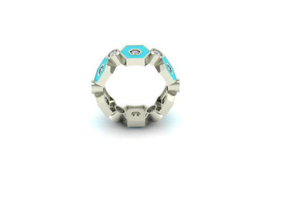 Mary’s Custom Hexagon Turquoise Enamel Diamond Band Ring, Lab Grown Diamonds, White Gold.
