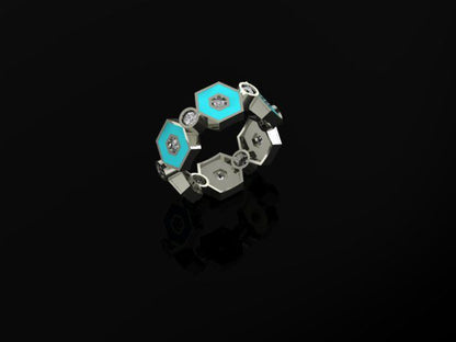 Mary’s Custom Hexagon Turquoise Enamel Diamond Band Ring, Lab Grown Diamonds, White Gold.