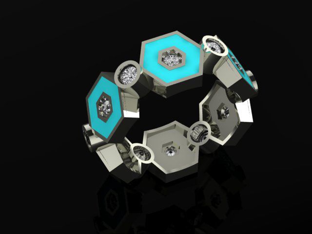 Mary’s Custom Hexagon Turquoise Enamel Diamond Band Ring, Lab Grown Diamonds, White Gold.