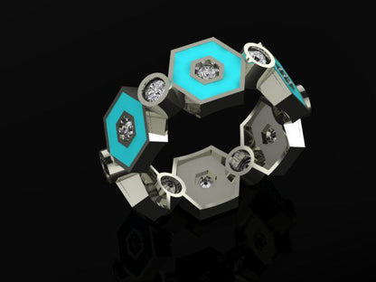 Mary’s Custom Hexagon Turquoise Enamel Diamond Band Ring, Lab Grown Diamonds, White Gold.