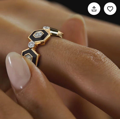 Mary’s Custom Hexagon Turquoise Enamel Diamond Band Ring, Lab Grown Diamonds, White Gold.