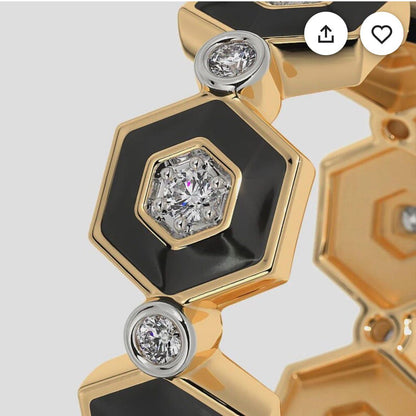 Mary’s Custom Hexagon Turquoise Enamel Diamond Band Ring, Lab Grown Diamonds, White Gold.