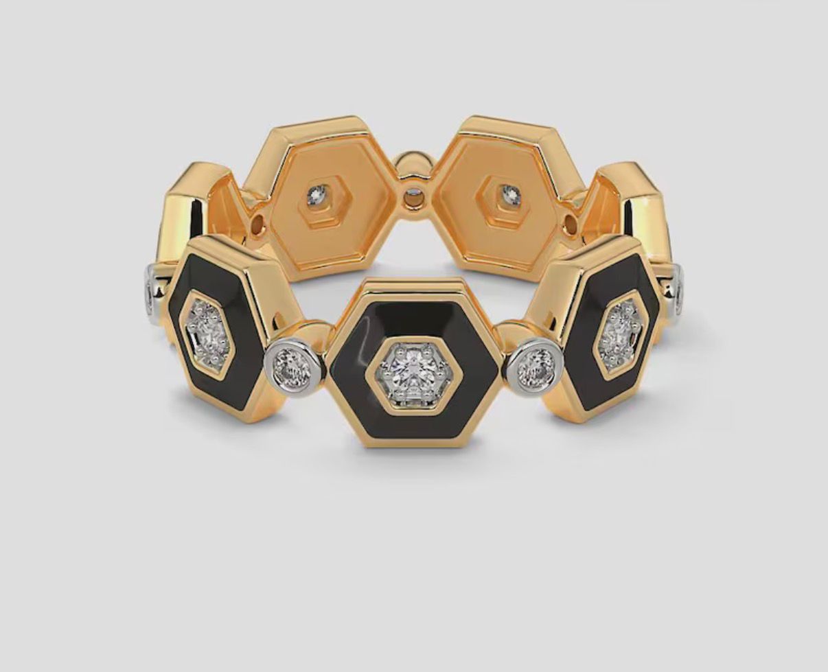 Mary’s Custom Hexagon Turquoise Enamel Diamond Band Ring, Lab Grown Diamonds, White Gold.