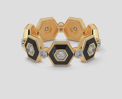 Mary’s Custom Hexagon Turquoise Enamel Diamond Band Ring, Lab Grown Diamonds, White Gold.