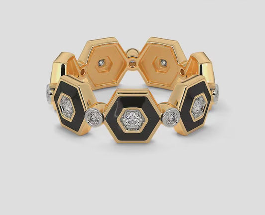 Mary’s Custom Hexagon Turquoise Enamel Diamond Band Ring, Lab Grown Diamonds, White Gold.