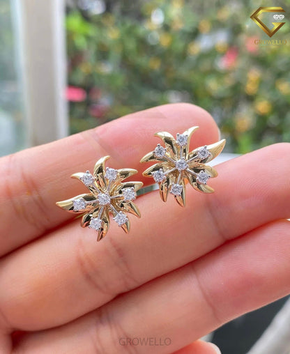 Floral Burst Round Diamond Stud Earrings, Sunburst Design, Solid Gold, Lab Grown Diamond or Moissanite