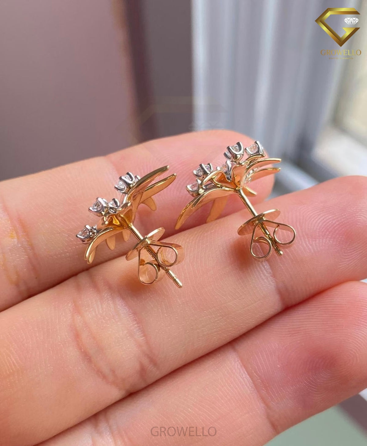 Floral Burst Round Diamond Stud Earrings, Sunburst Design, Solid Gold, Lab Grown Diamond or Moissanite