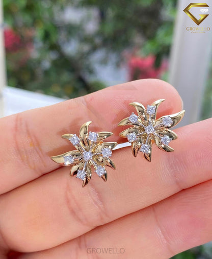Floral Burst Round Diamond Stud Earrings, Sunburst Design, Solid Gold, Lab Grown Diamond or Moissanite