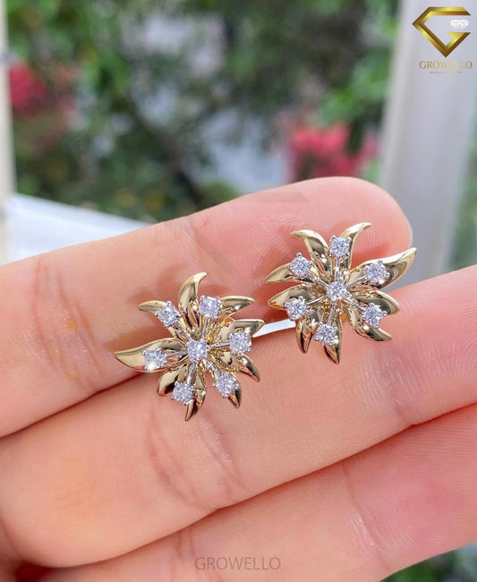 Floral Burst Round Diamond Stud Earrings, Sunburst Design, Solid Gold, Lab Grown Diamond or Moissanite