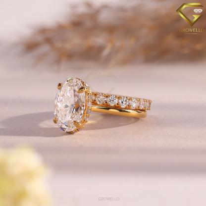4 CT Oval Bridal Set Engagement Ring, Pavé Split Shank, Solid Gold, Lab Grown Diamond or Moissanite