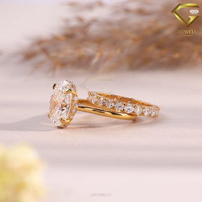4 CT Oval Bridal Set Engagement Ring, Pavé Split Shank, Solid Gold, Lab Grown Diamond or Moissanite