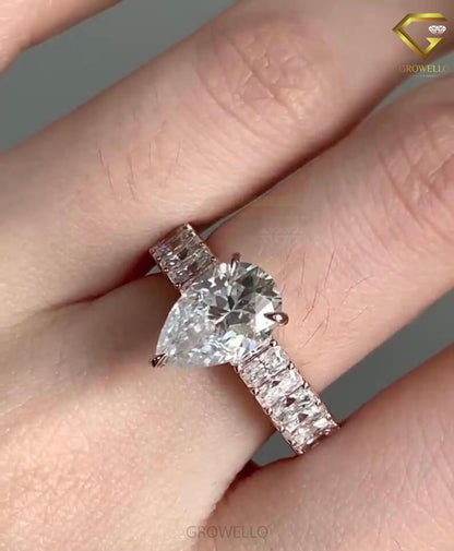 2 CT Pear Cut Engagement Ring, Baguette Eternity Band, Solid Gold, Lab Grown Diamond or Moissanite