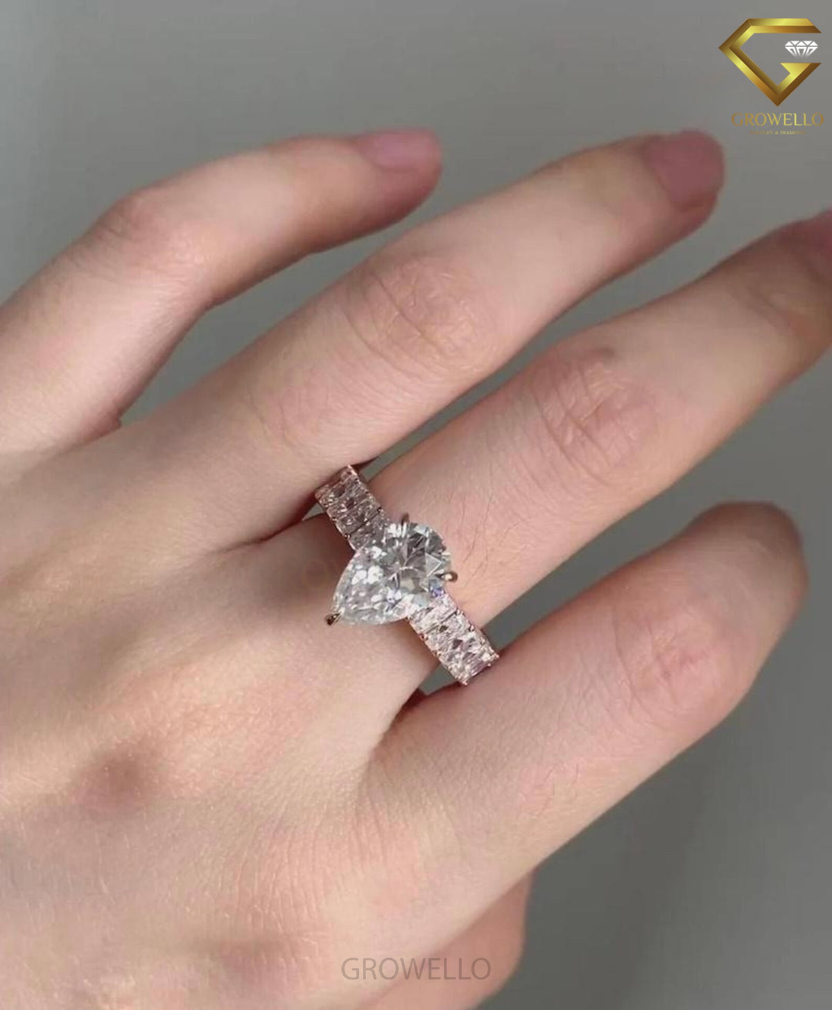 2 CT Pear Cut Engagement Ring, Baguette Eternity Band, Solid Gold, Lab Grown Diamond or Moissanite