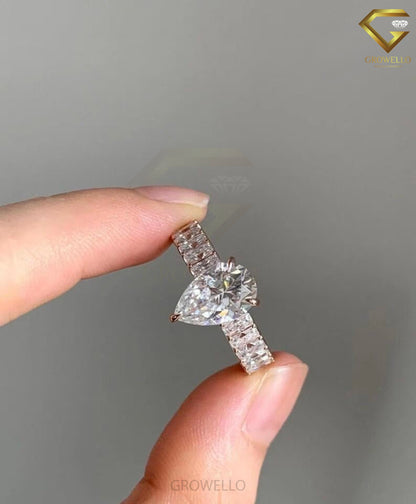 2 CT Pear Cut Engagement Ring, Baguette Eternity Band, Solid Gold, Lab Grown Diamond or Moissanite