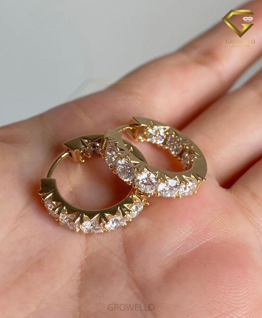 Round Diamond Spike Hoop Earrings, Huggie Style, Solid Gold, Lab Grown Diamond or Moissanite