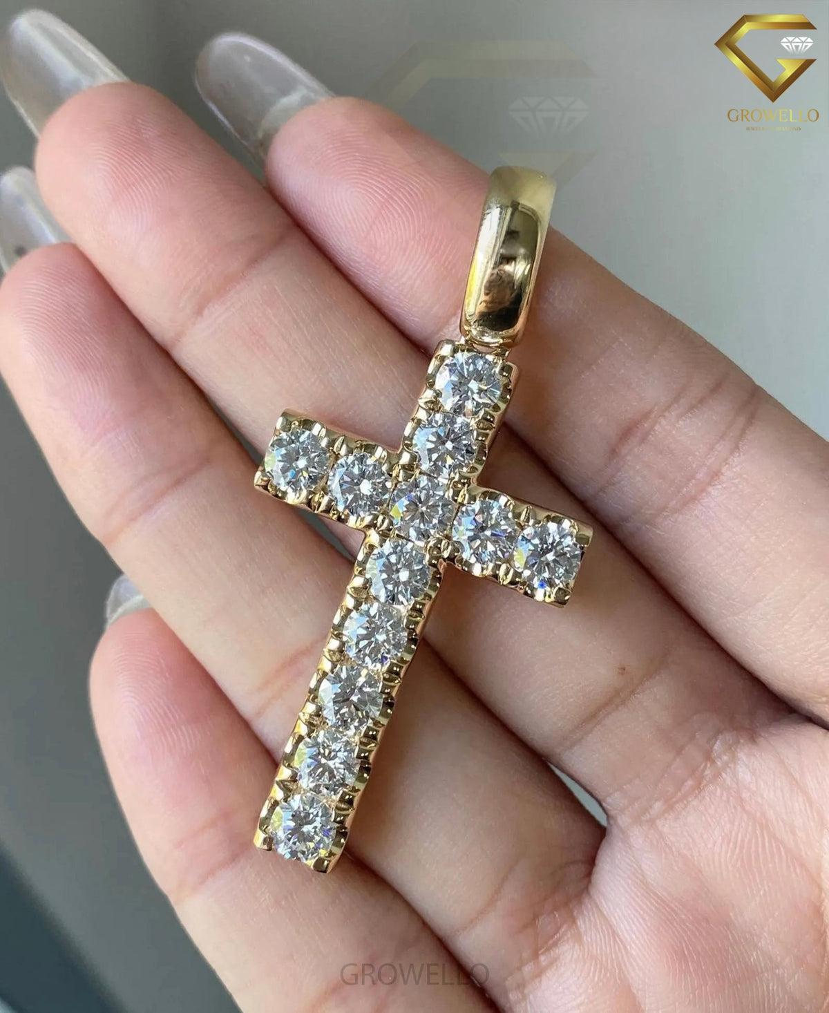 Round Diamond Cross Pendant, Bold Solid Gold Charm, Lab Grown Diamond or Moissanite