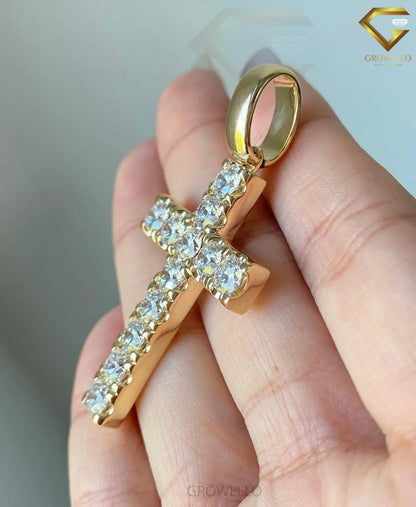 Round Diamond Cross Pendant, Bold Solid Gold Charm, Lab Grown Diamond or Moissanite