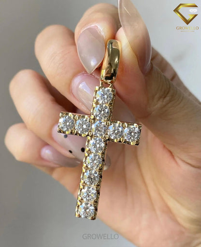 Round Diamond Cross Pendant, Bold Solid Gold Charm, Lab Grown Diamond or Moissanite