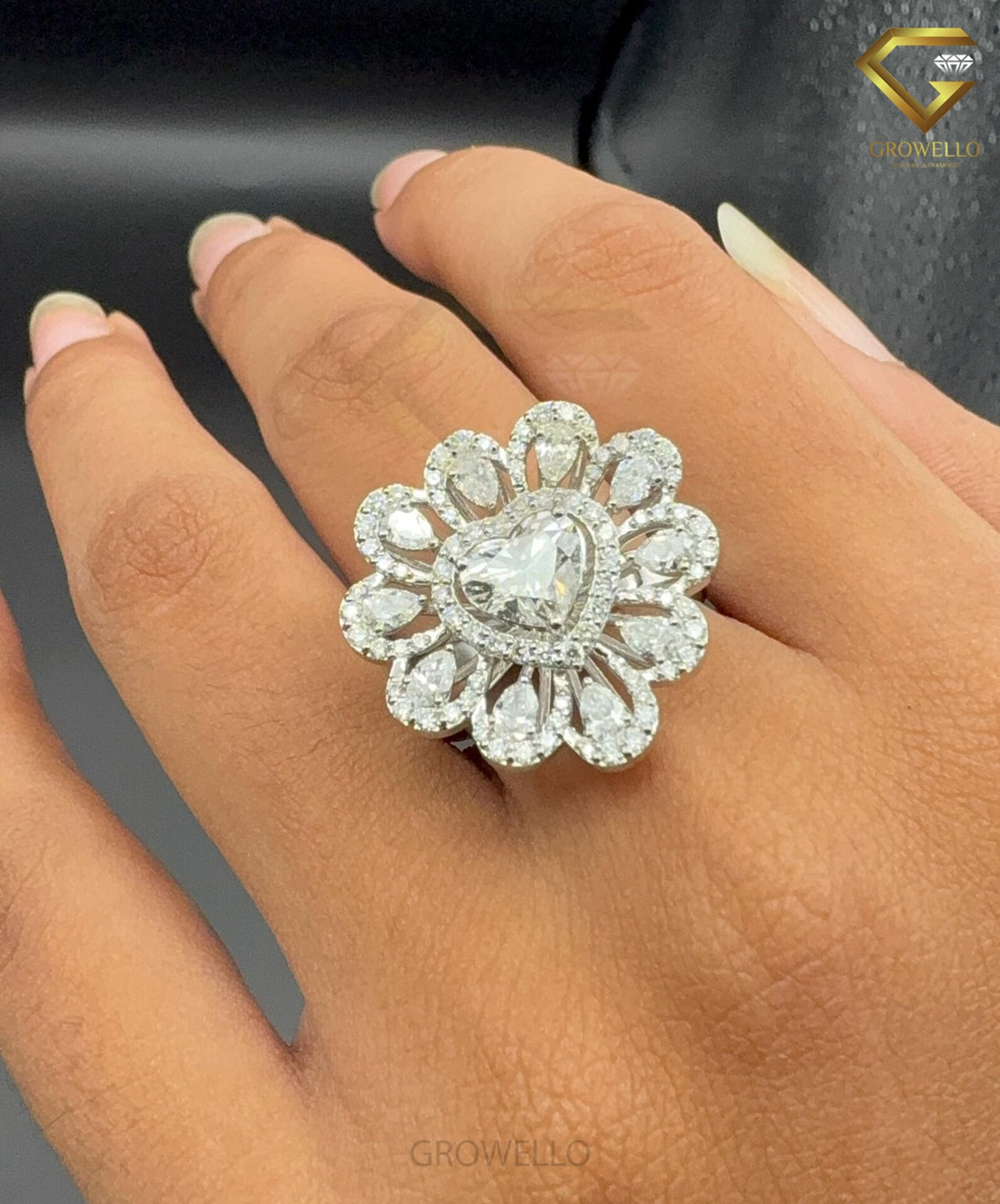 2 CT Heart Diamond Halo Floral Cluster Engagement Ring, Solid Gold, Lab Grown Diamond or Moissanite