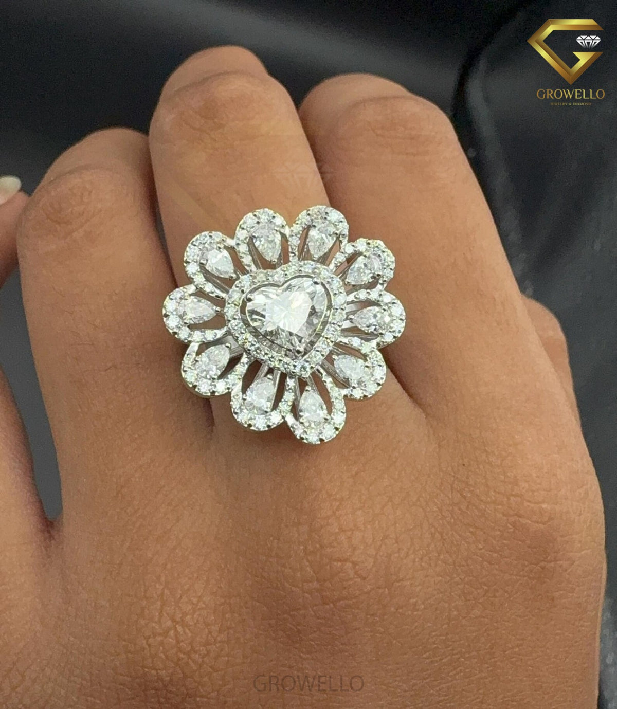 2 CT Heart Diamond Halo Floral Cluster Engagement Ring, Solid Gold, Lab Grown Diamond or Moissanite